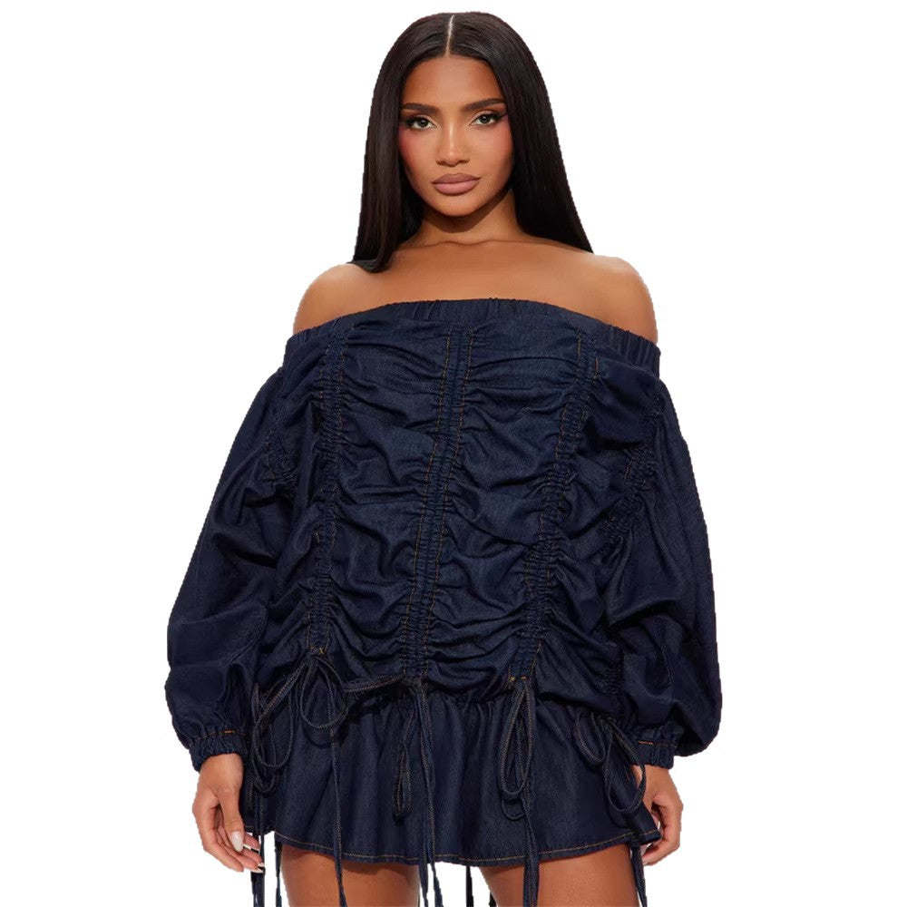 Solid Color Loose Off Shoulder Drawstring Long Sleeve Denim Skirt