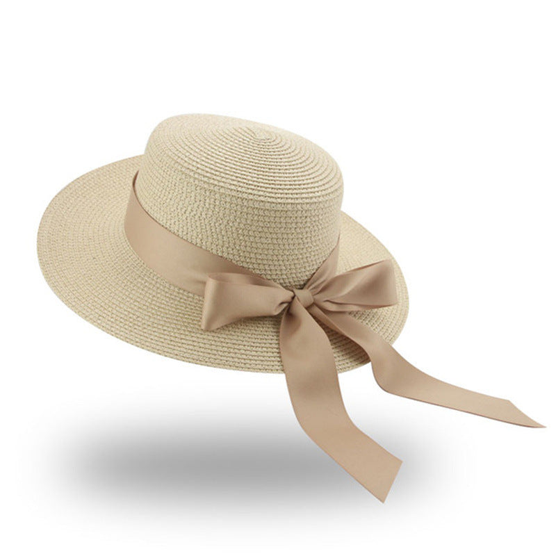 Women's Summer Bow Ribbon Flat Brim Straw Hat