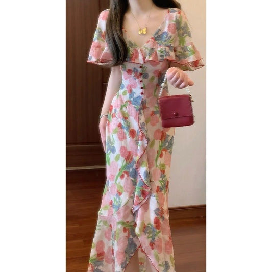 Ruffled Cape-collar Floral Dress With A Cinched Waist Exuding An Elegant Aura