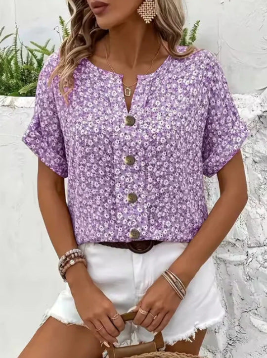 Casual V-neck Short Sleeve Printed Loose Shirt