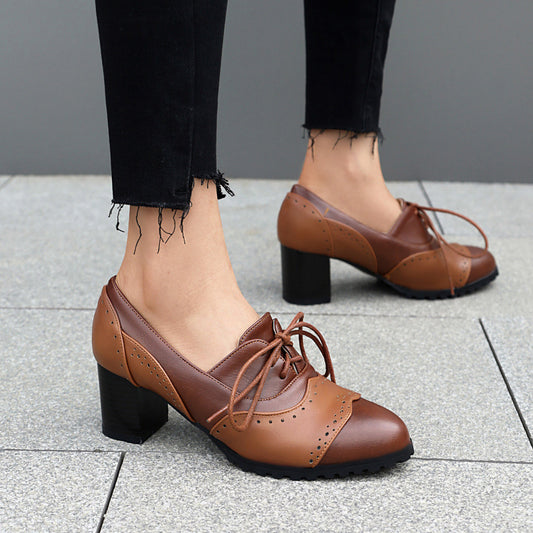 Matching Round Toe High Heel Front Lace-up Burning Flower Pumps