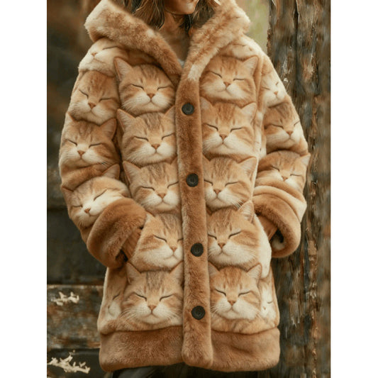 Womens Hooded Coat Printed Plush Hoodie Long Top