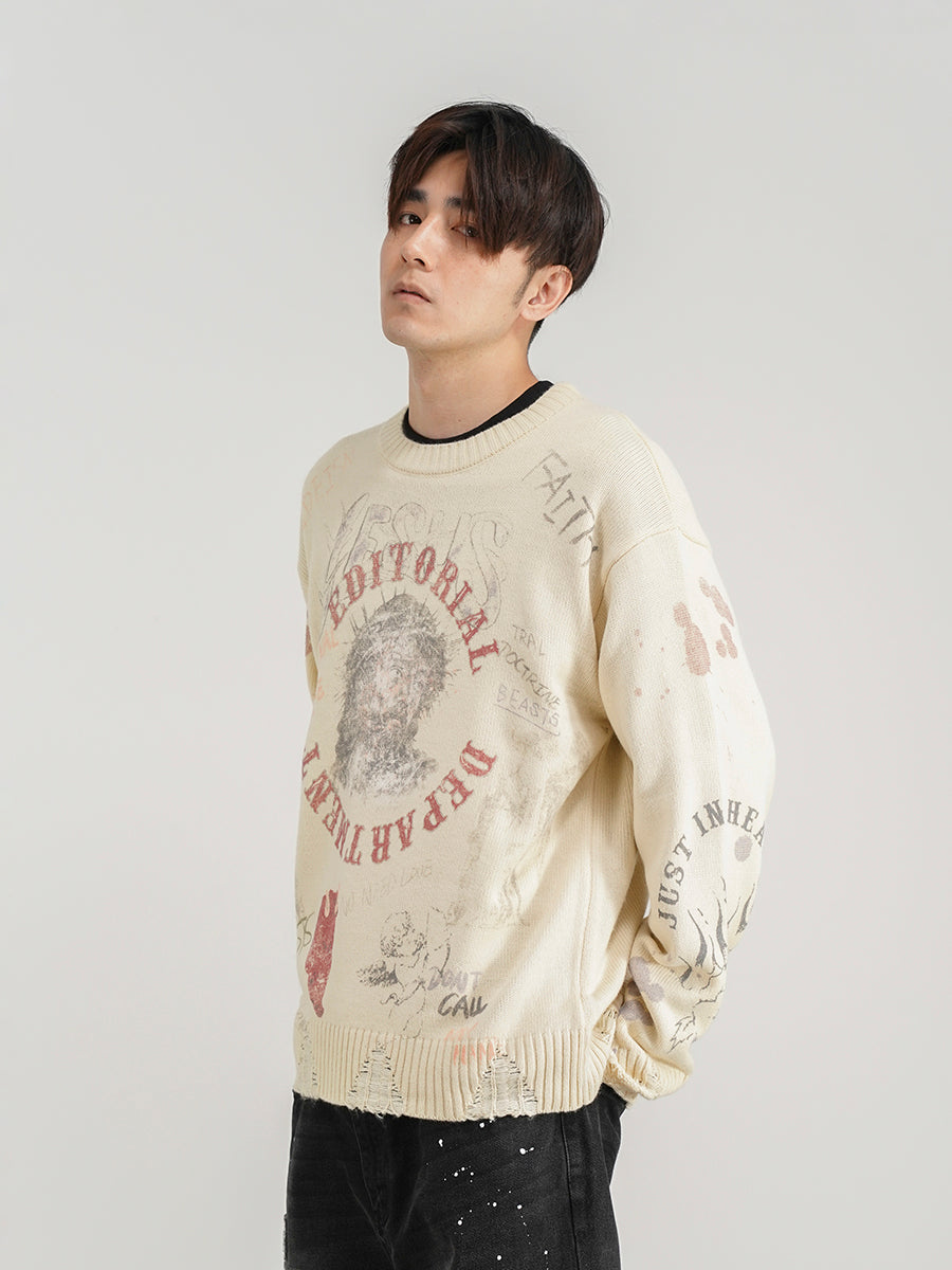 Printed Loose Pullover Men's And Women's National Trend Knit Sweater
