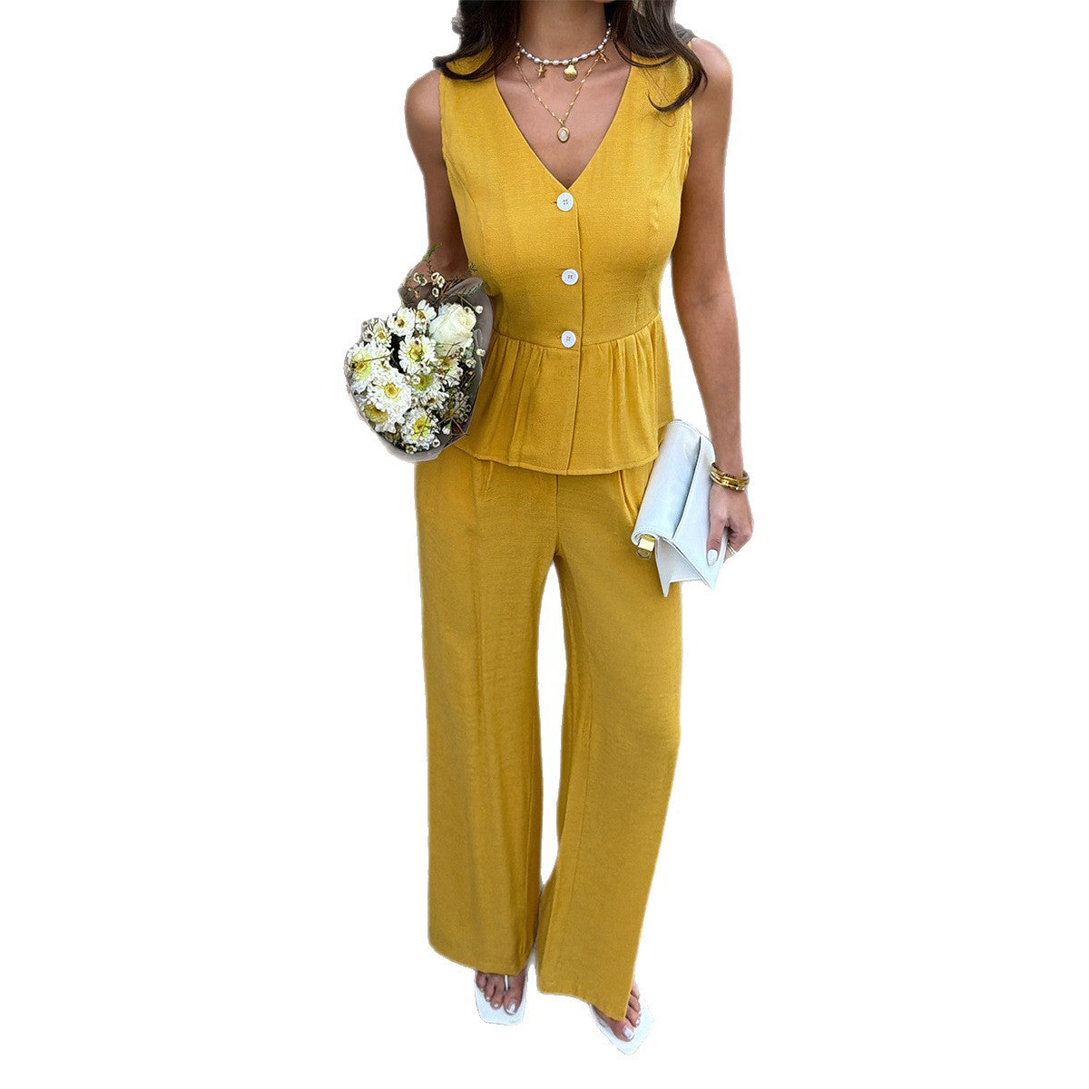 Women's V Neck Solid Color Sleeveless Jacket Set