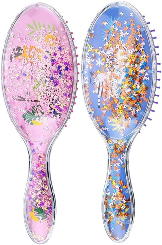 Barn våt hårborste konfetti glitter utredning hårborste set mjuk borst massage för baby barn flickor lockigt rakt långt kort (fågel och zebra) 2 stycken, hårborstar
