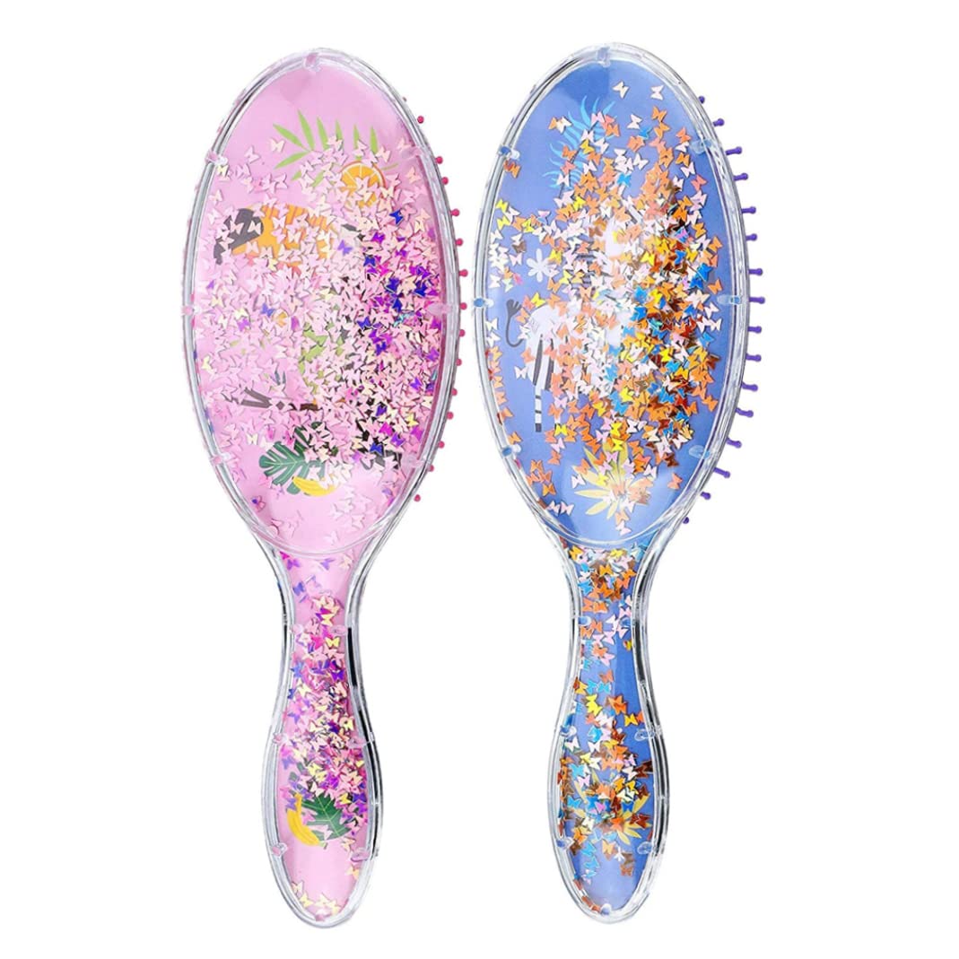 Barn våt hårborste konfetti glitter utredning hårborste set mjuk borst massage för baby barn flickor lockigt rakt långt kort (fågel och zebra) 2 stycken, hårborstar