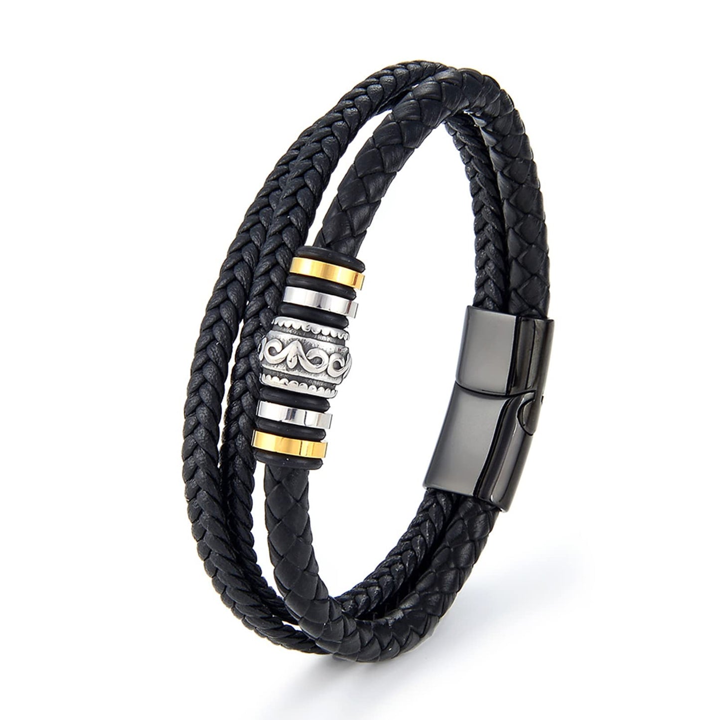 Men's Fashion Stainless Steel Multi-layer Leather Co Bracelet Braided Leather Buckle Titanium Steel Bracelet-PLUT