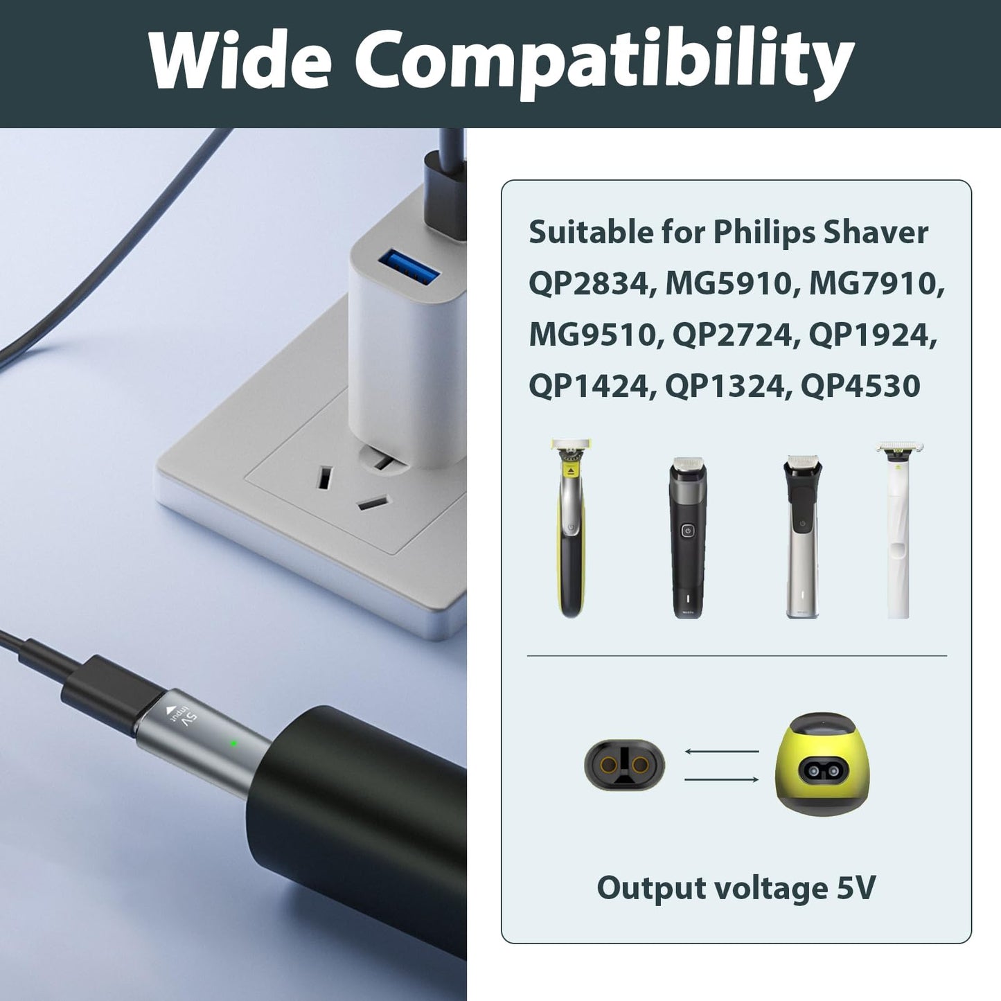 5 V USB C-laddare, kompatibel med Philips OneBlade QP2734, QP2724, QP2824, QP2834, QP4631, MG5910, MG7910, MG9510, QP1924, QP1324, 7000, 9000-serien, laddare grön USB-C för Raw gräsklippare kväll