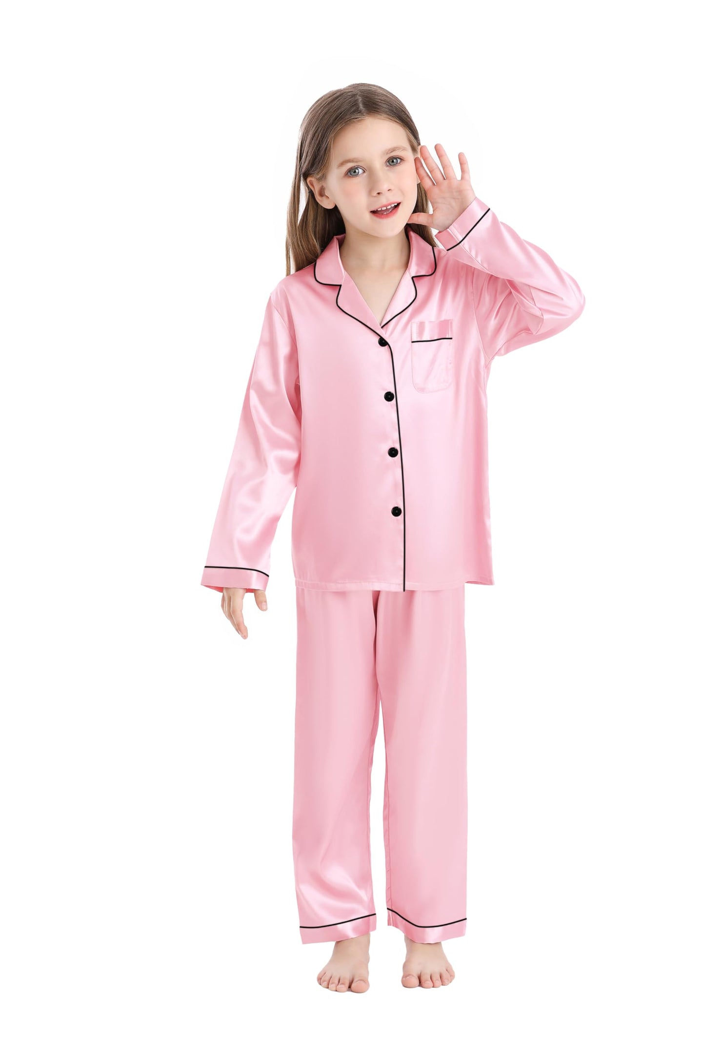 SWOMOG Silkessyjamas för flickor, långärmad, satin, nattkläder, barn, pyjamas, set med knappar, barn, nattkläder, tryck, pyjamas, ålder 6-17