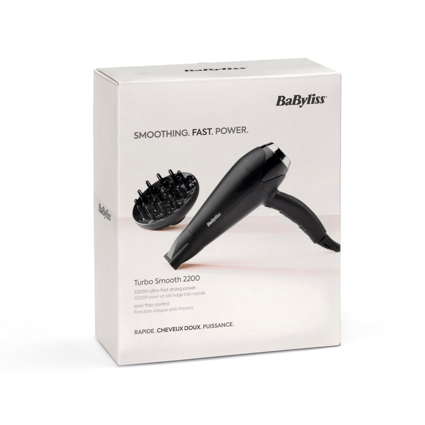 BaByliss Turbo Smooth Hårfön - 2200 W Kraftfull Hårtork, Stor Diffuser, Joniserad Frissfri Styling, 3 Värme- & 2 Hastighetsinställningar, Svart, D572DE