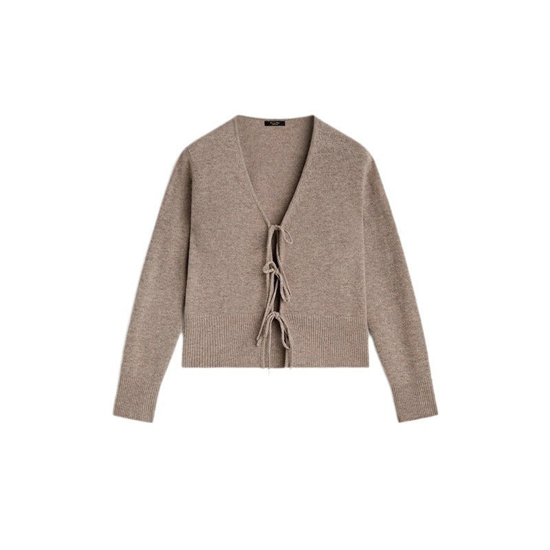 Solid Color And V-neck Rope Casual Minimalist Long Sleeve Sweater For Women