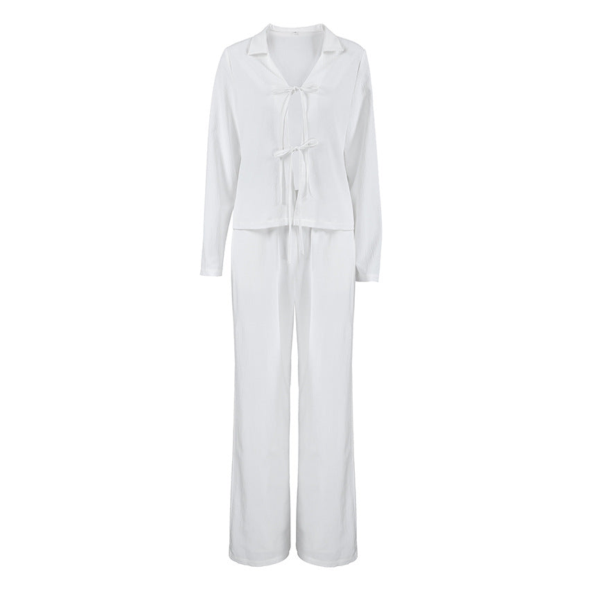 Fashion White Tie-front Cardigan Wide-leg Pants