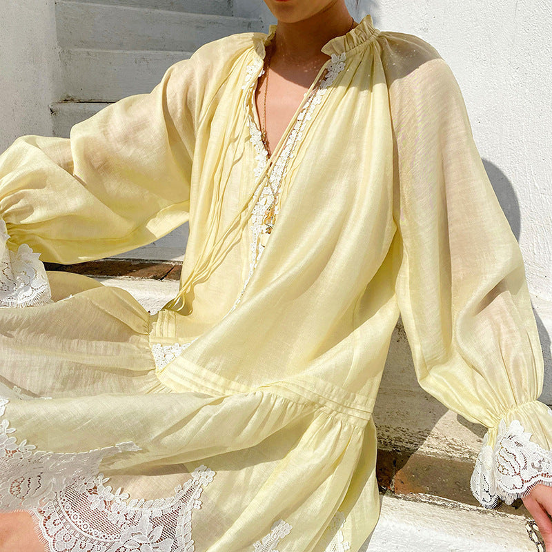 Long-Sleeve Elegant Holiday Tencel Linen Dress For Women
