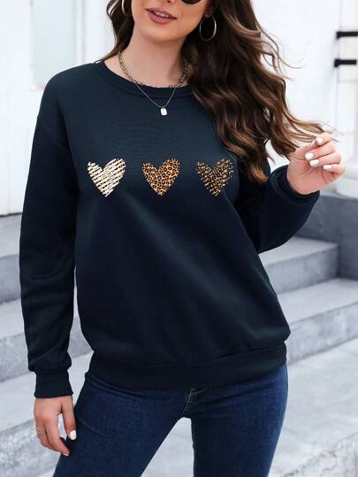 Essnce Leopard Heart Print Drop Shoulder Sweatshirt