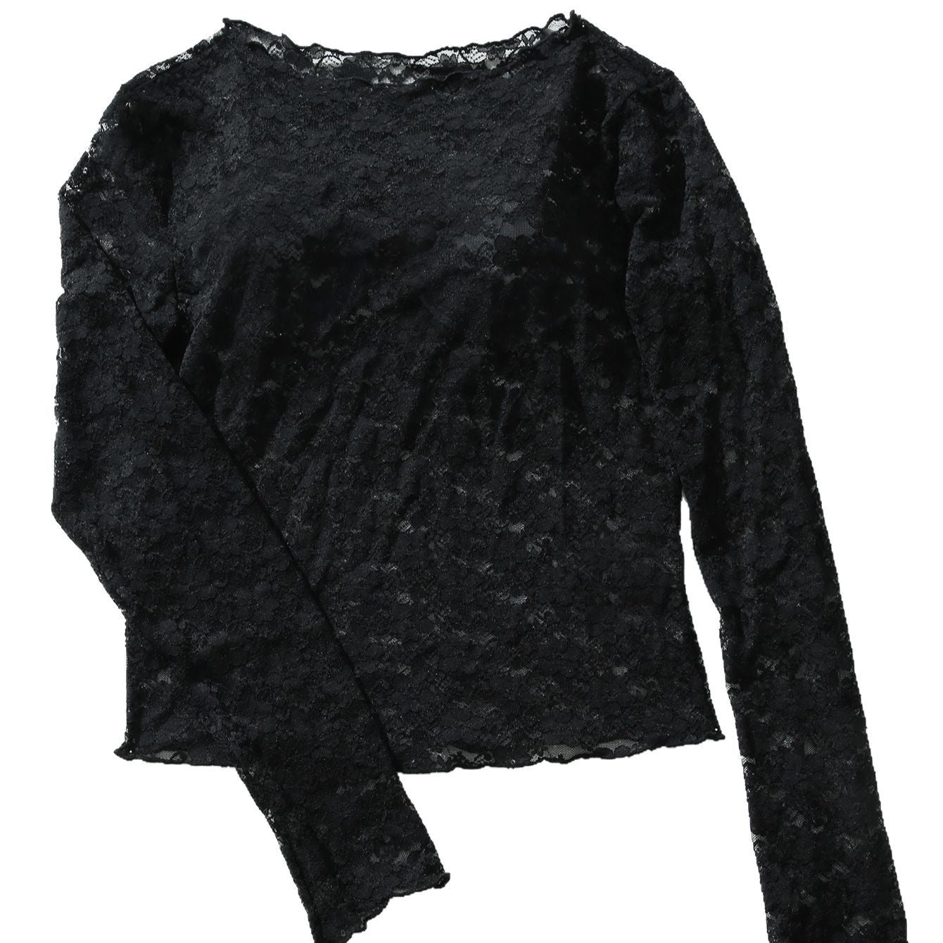 Sexy Solid-Color Lace Hollow-Out Long-Sleeve Top For Women