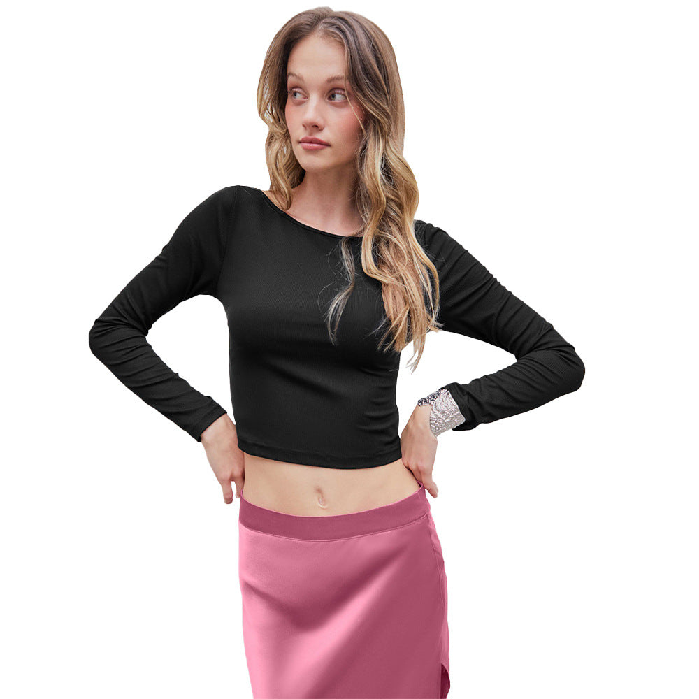 Sexy Style T-shirt Autumn And Winter Backless Design Short Slim-fitting Base Top For Women