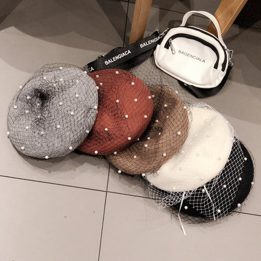 Woolen Pearl Mesh Beret Women's British Retro Hat