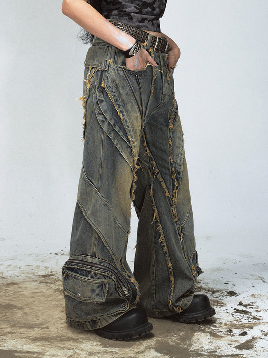 Heavy Industry Destroyed Raw Edge Stitching Jeans Retro Wide Leg Trousers
