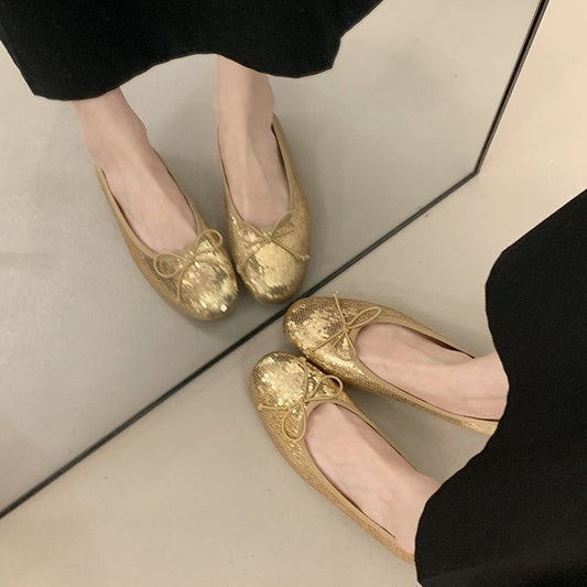 Round Toe Bow Sequin Ballet Flats, Low Cut Slip-on French Style Casual Flat Shoes