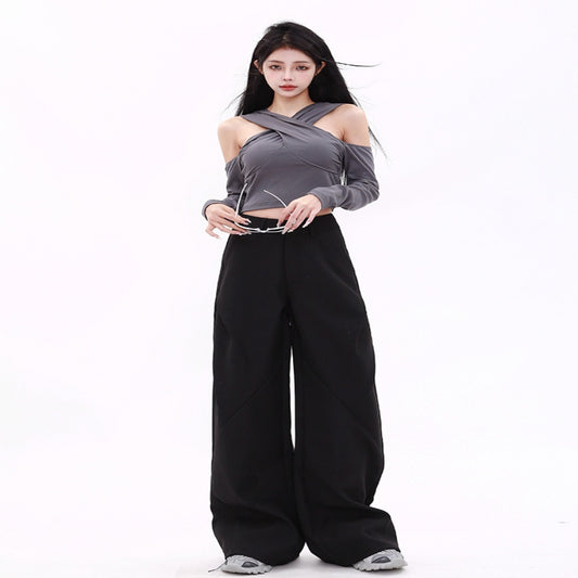 High Waist Straight Black Suit Wide Leg Flared Casual Pants