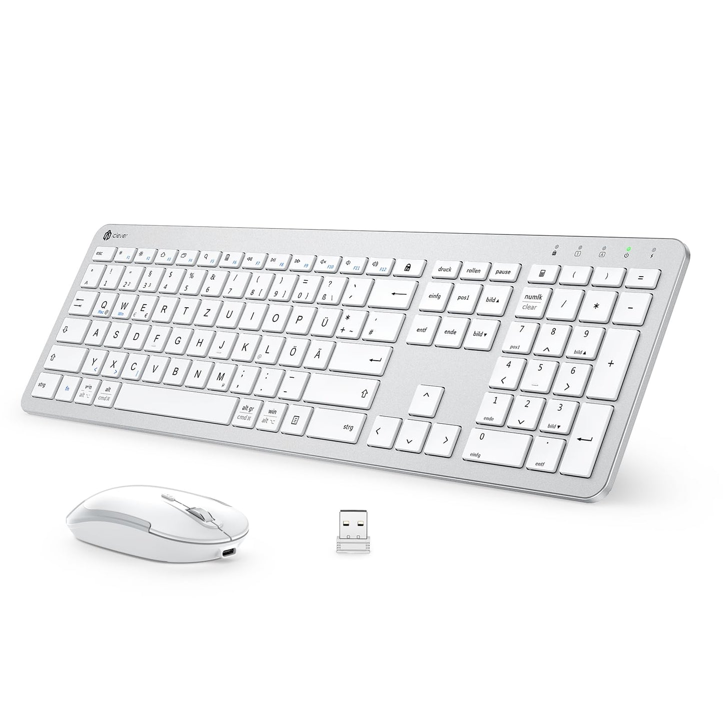 IClever GK08 trådlöst tangentbord och mus - 2,4 G ultraslim uppladdningsbar trådlös tangentbordsmus set för PC, stationär dator, bärbar dator, Windows Mac OS, QWERTZ layout, vit