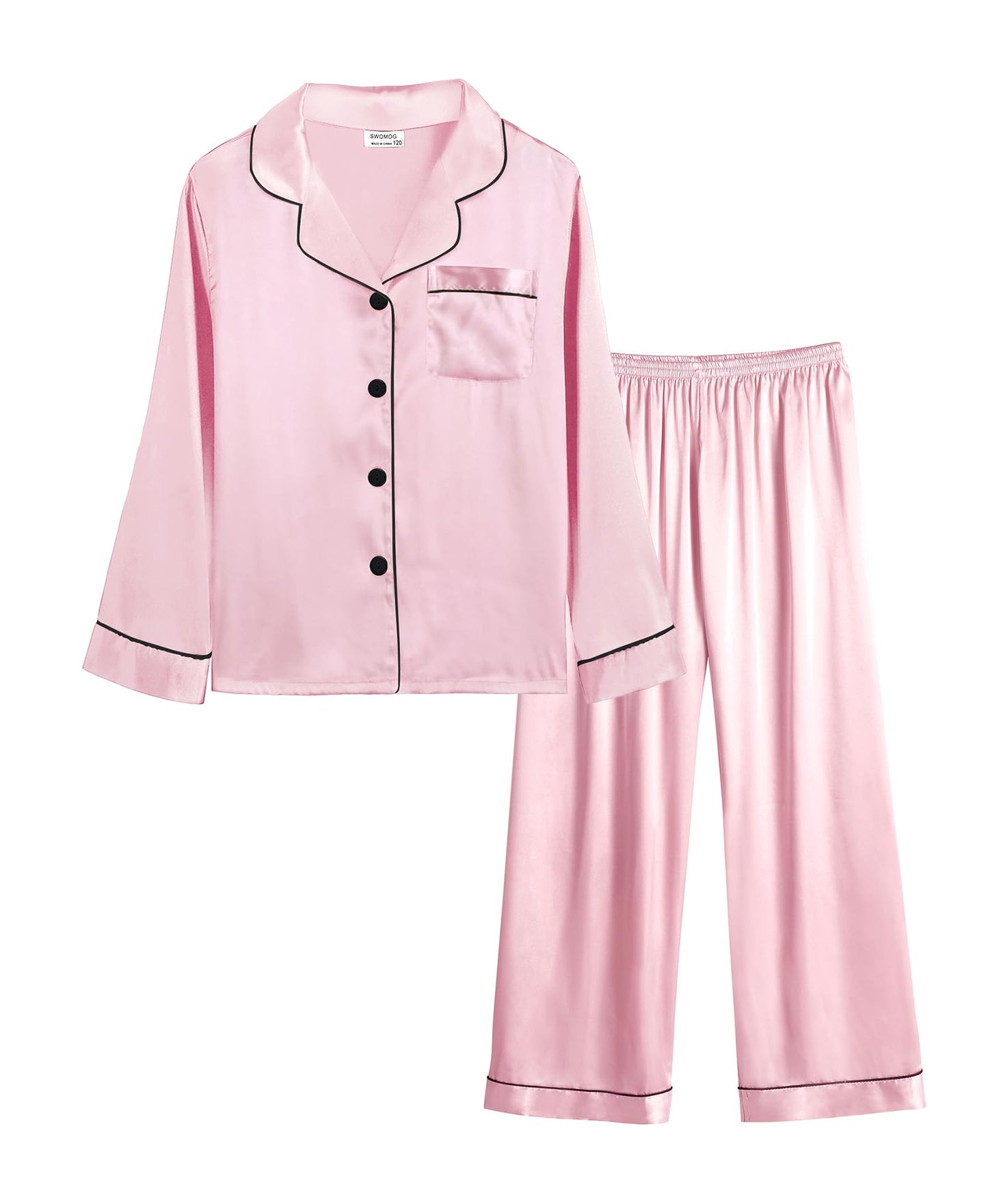 SWOMOG Silkessyjamas för flickor, långärmad, satin, nattkläder, barn, pyjamas, set med knappar, barn, nattkläder, tryck, pyjamas, ålder 6-17