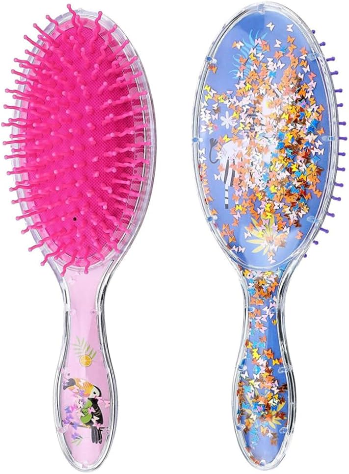 Barn våt hårborste konfetti glitter utredning hårborste set mjuk borst massage för baby barn flickor lockigt rakt långt kort (fågel och zebra) 2 stycken, hårborstar
