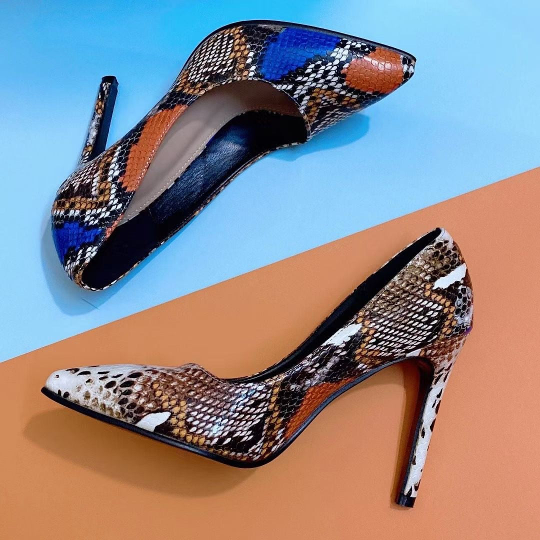Fashion Pointed Colored Snake Print Stiletto Heels