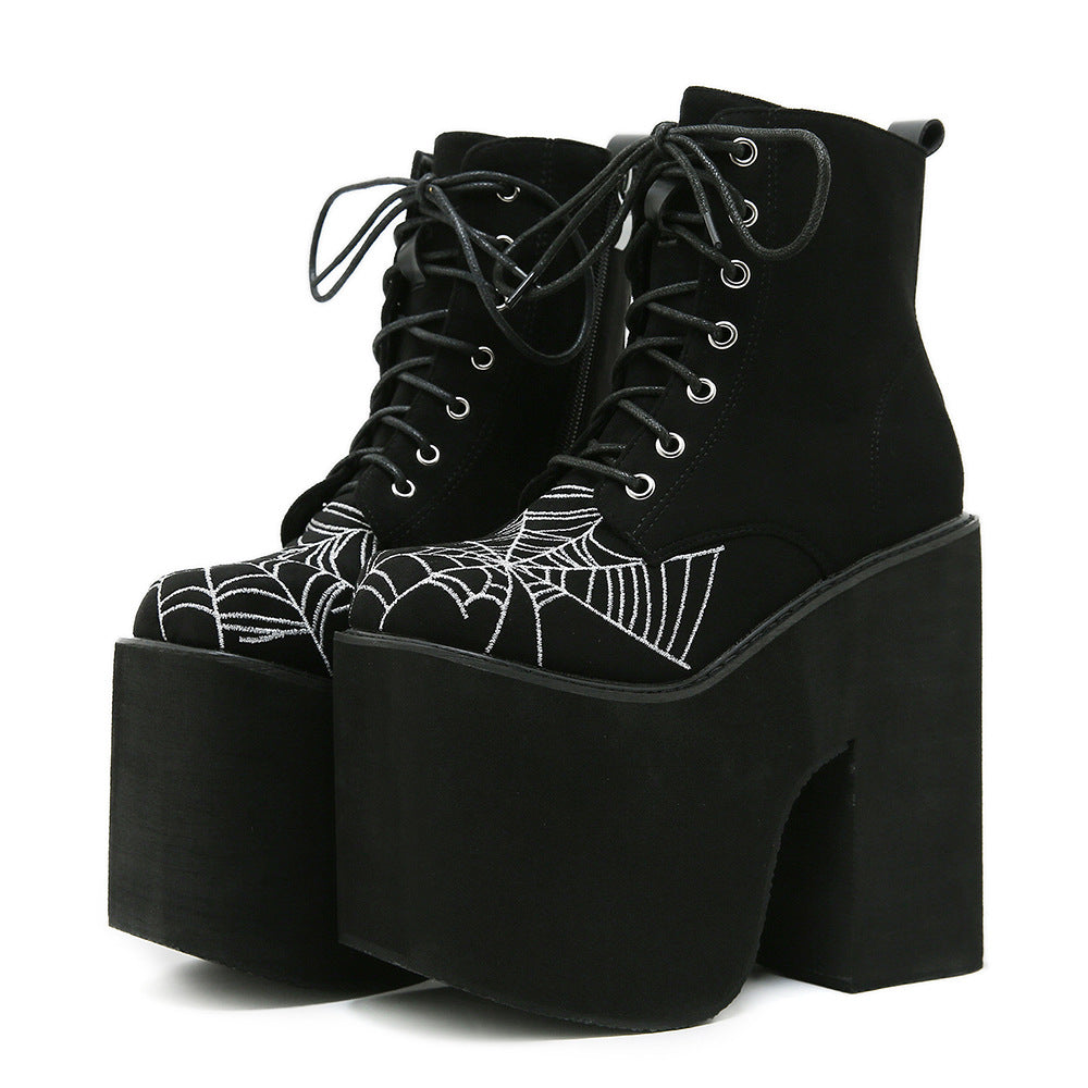 Women's Gothic-style Ultra-high-heeled Dr Martens Boots With Thick Soles And Spiderweb Design