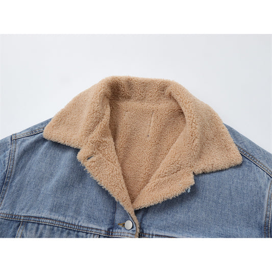 Denim Lamb Wool Loose Stitching Design Plus Velvet Cotton Jacket
