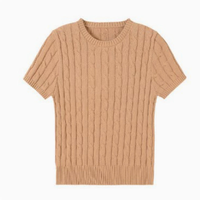 Simple Round-neck Comfortable Rib Short Sleeve Pullover Sweater