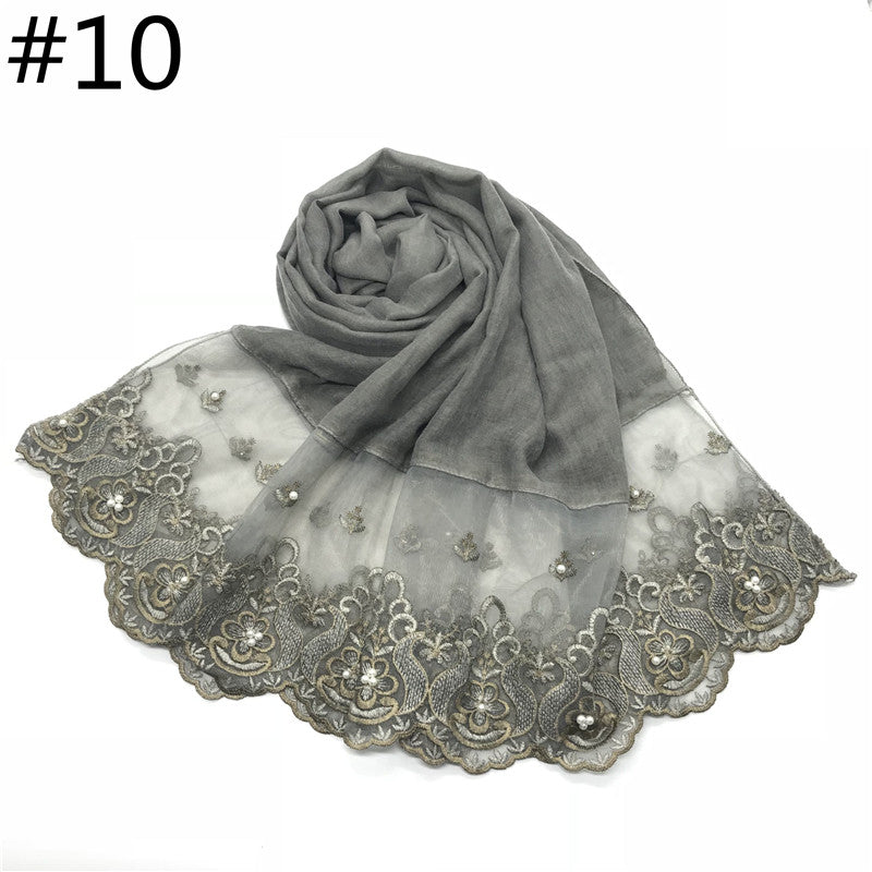 Cotton And Linen Solid Color Scarf, Two-end Lace, Set Pearl Toe Cap Scarf