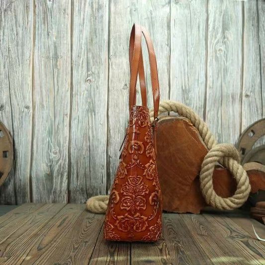 Vintage Embossed Full-Grain Leather Large-Capacity Tote Bag