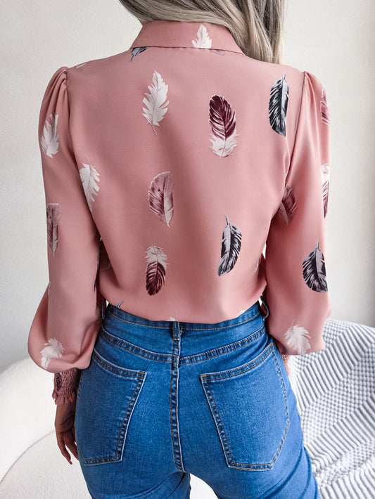 Women's Elegant Feather Lantern Sleeve Lapel Shirt