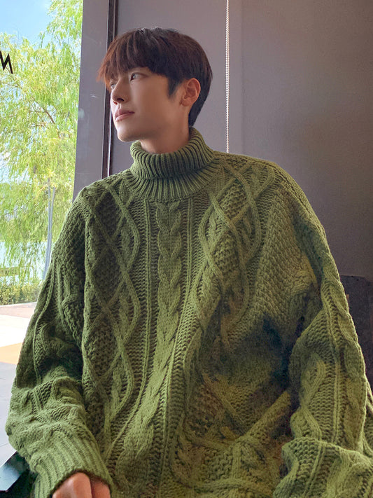 Japanese-style Retro Green Jacquard Turtleneck Sweater