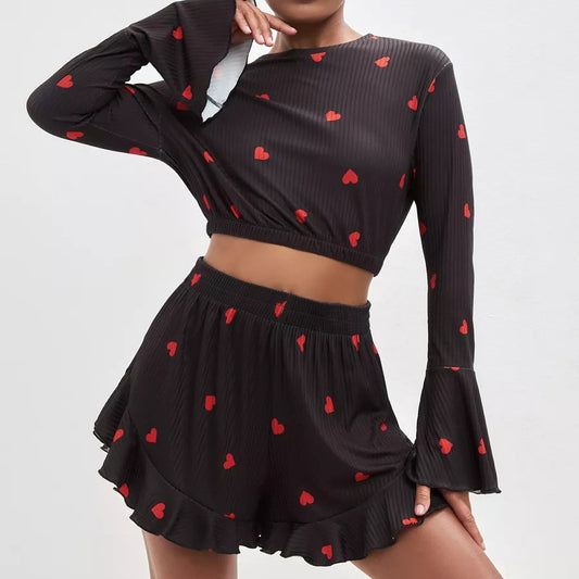 European And American Knitted Ribbed Heart Print Set