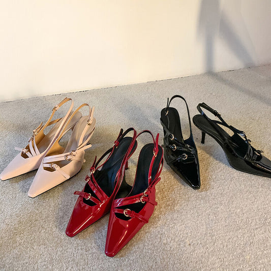 Belt Buckle Pointed-toe Red High Heels Women's Stiletto Heel Fairy Style
