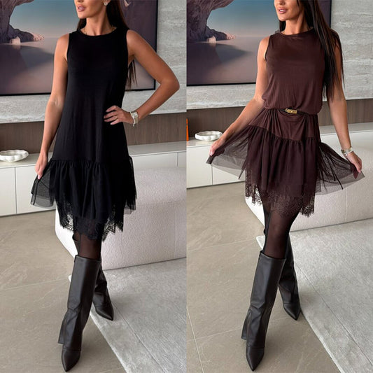 Womens Lace Mesh Patchwork Fashion Sleeveless Crew Neck Dress