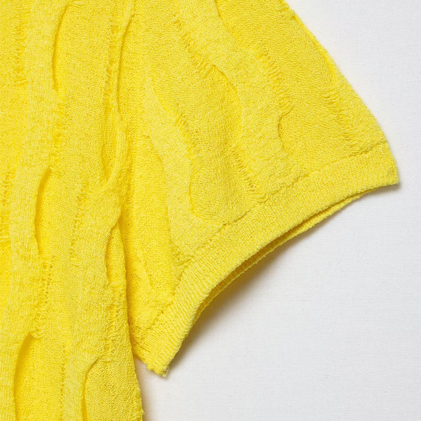 Female Solid Color Summer Texture Knitted Yellow Shirt