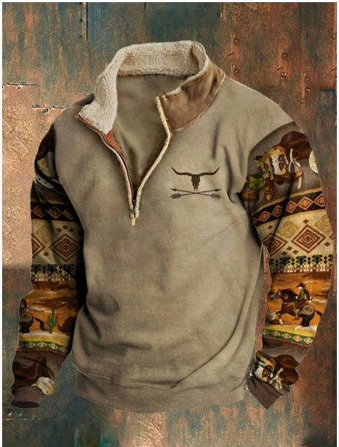 Men's Long Sleeved Half Zipper Printed Casual