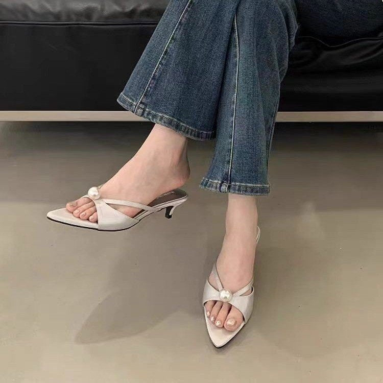 Women's French Style Pearl Embellished Pointed Toe High Heel Mules, Thin Heel Slip-On Slides, New Spring & Summer 2025 Collection, Elegant Daily Wear