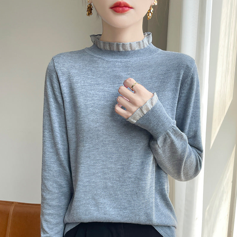 Solid Color Stringy Selvedge Loose Bottoming Shirt Top Half High Collar