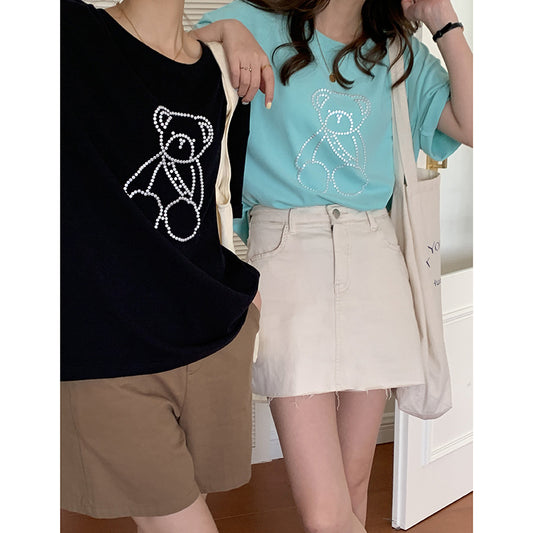 Women's Round Neck Loose Beaded Bear T-shirt