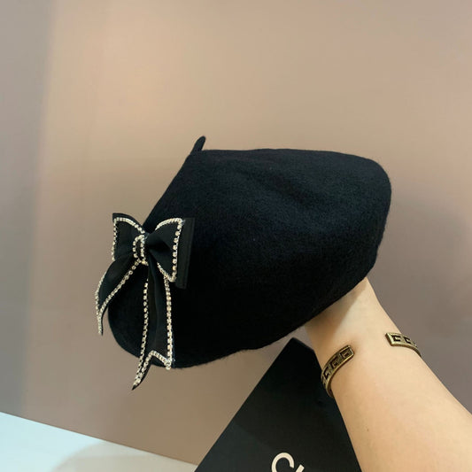 Autumn And Winter Warm All-match Bow Wool Beret Hat