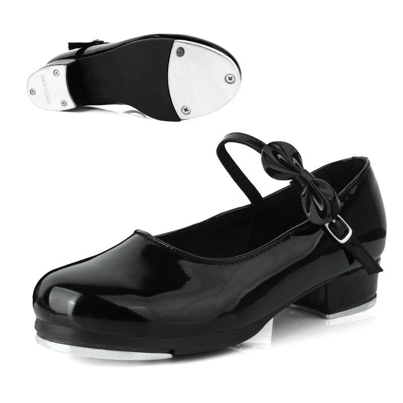 Women's Adult Black Soft Sole Shiny Bow Tap Shoes