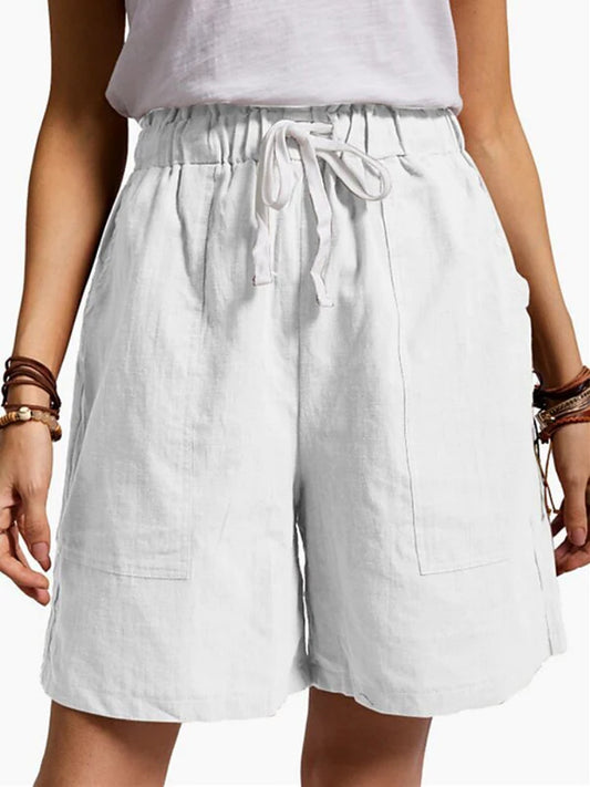 Women's Fashion Solid Color Cotton Linen Elastic Waist Lacing Shorts