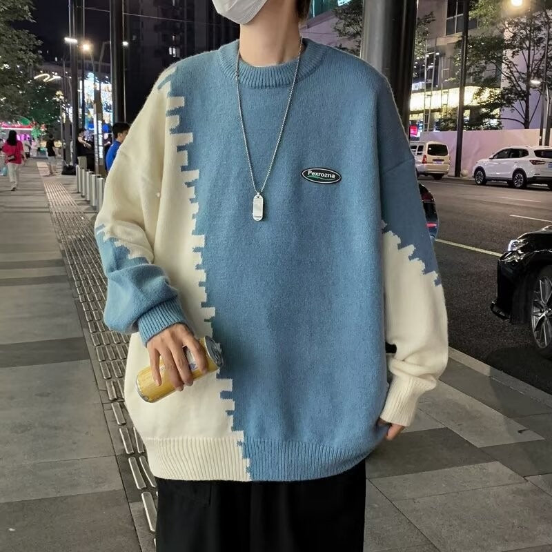 Round Neck Loose Chic Contrasting Design Sweater For Men