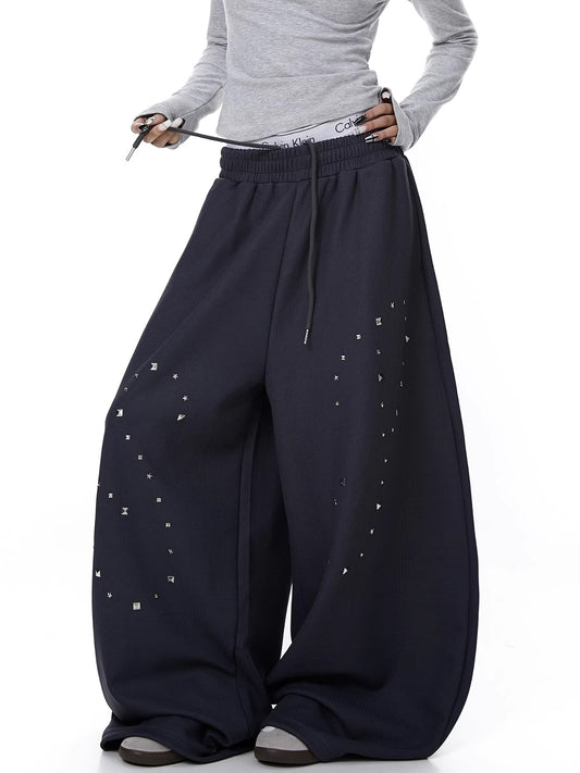 Womens American-Style Retro Heavy-Duty Rivet Straight Sweatpants