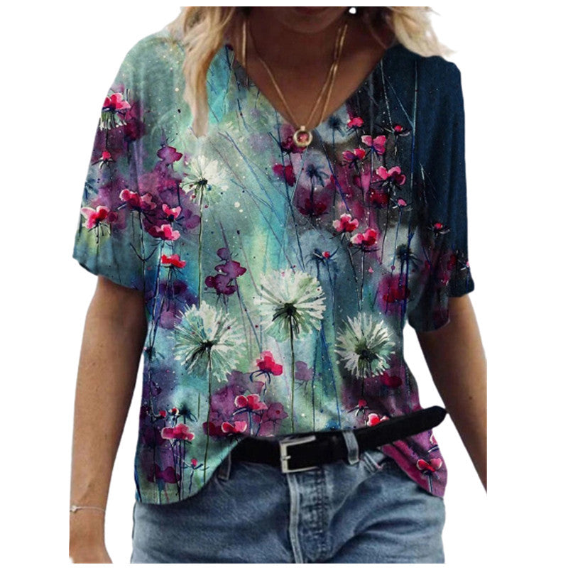 Blomsterprint Pullover V-hals Kortærmet T-shirt til Kvinder