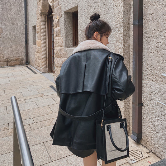 Loose Plus Velvet Thickening Small Locomotive PU Cotton Jacket Women